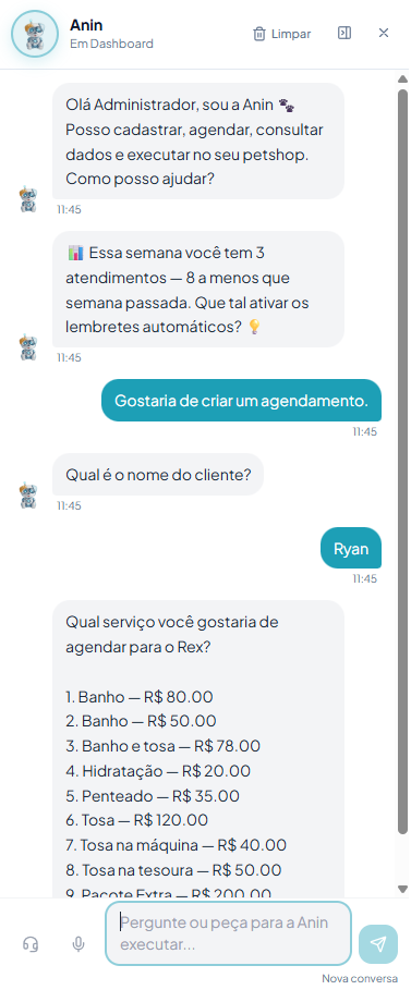 Chat da Anin criando um agendamento: pergunta o cliente, confirma o pet Rex e lista os serviços
